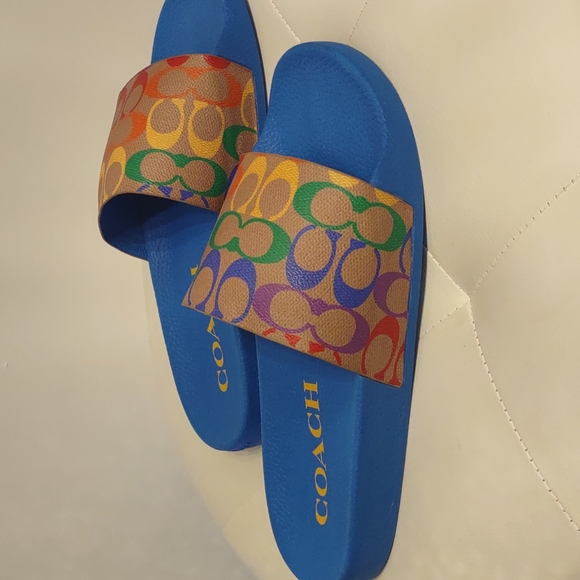 🔥Coach men's rainbow blue slides pool sandals flip-flops shoes new Logo Summer - Picture 8 of 9